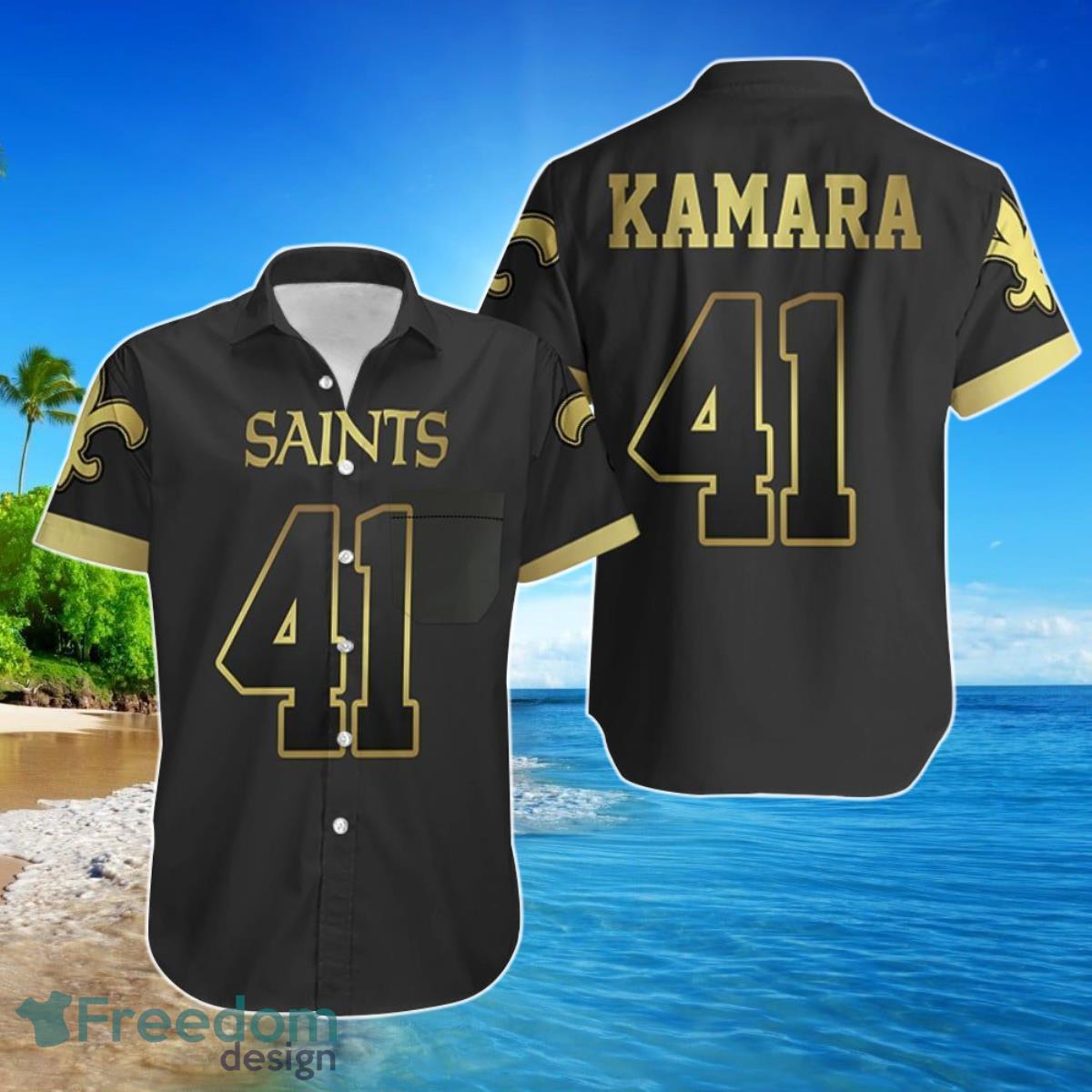 New Orleans Saints 41 Alvin Kamara Black Golden Edition Hawaiian Shirt For Men Women Product Photo 1