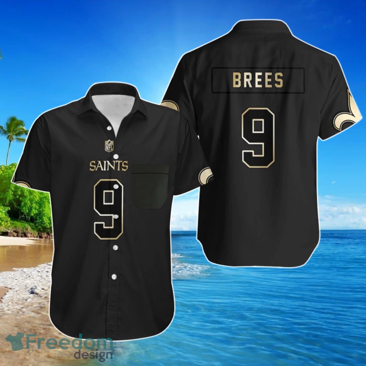 New Orleans Saints 9 Drew Brees Black Golden Edition Mens Jersey Inspired Hawaiian Shirt Product Photo 1