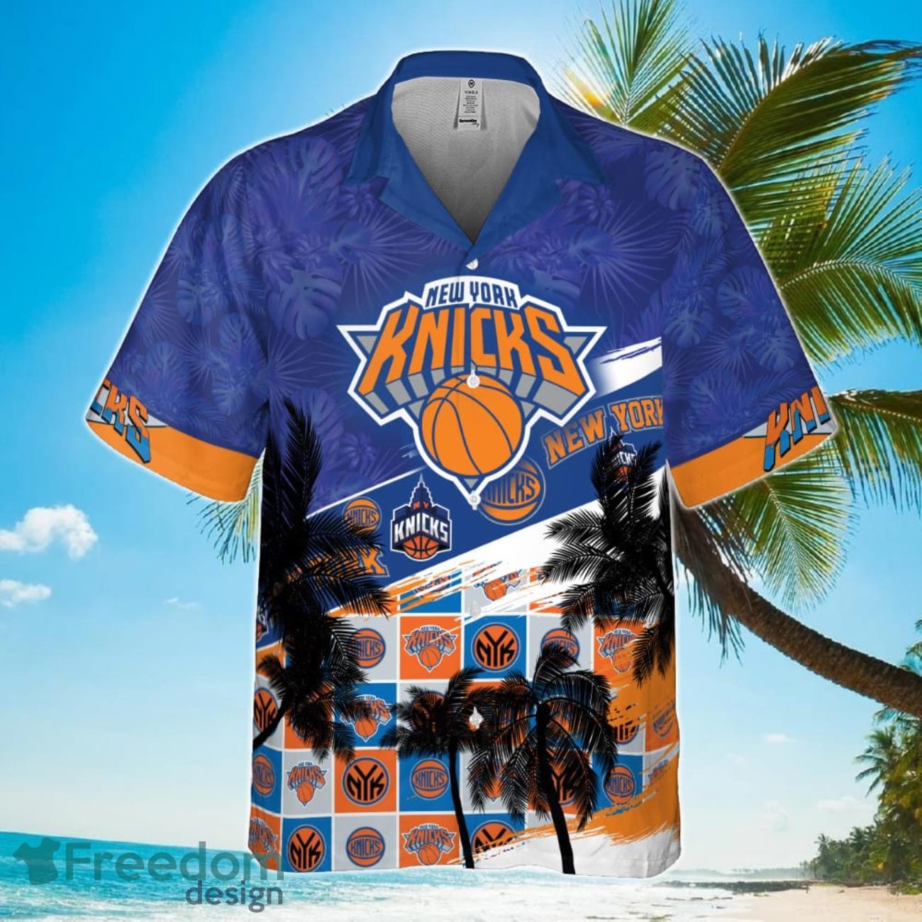 New York Knicks Orange Hibiscus Flower Print Aloha Hawaiian Shirt