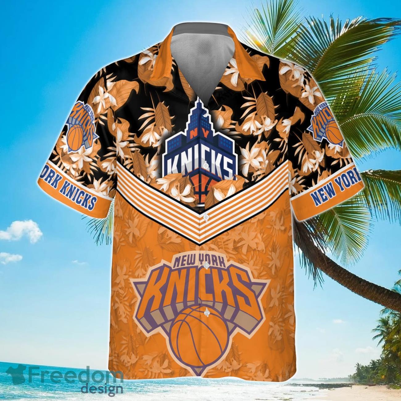 New York Knicks Orange Hibiscus Flower Print Hawaiian Shirt Product Photo 2