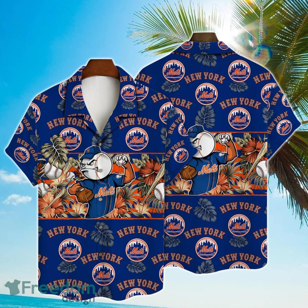 New York Mets Mascot And Leaves Tropical Pattern Hawaiian Shirt For Fans Product Photo 1