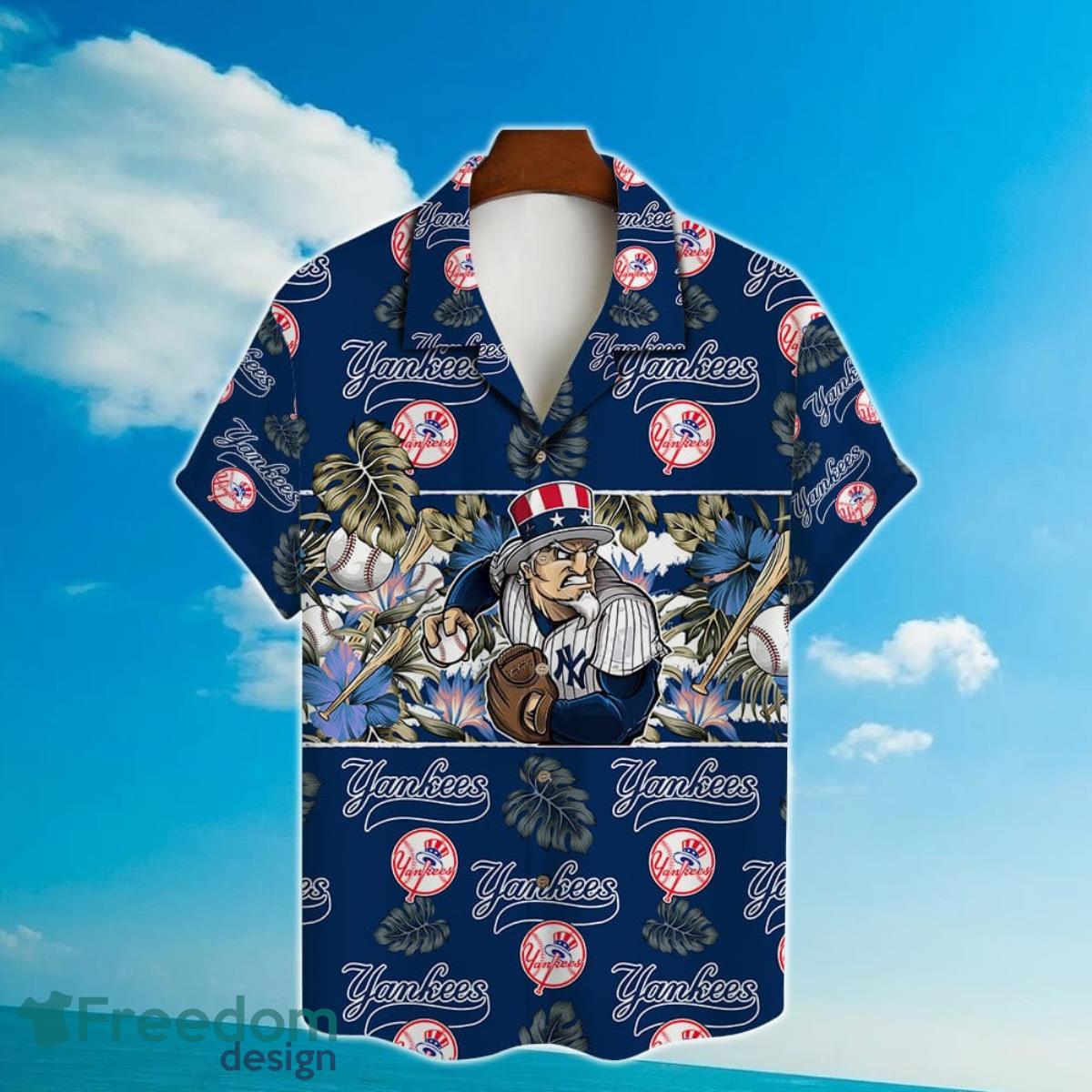 New York Yankees Mascot And Leaves Tropical Pattern Hawaiian Shirt For Fans Product Photo 2