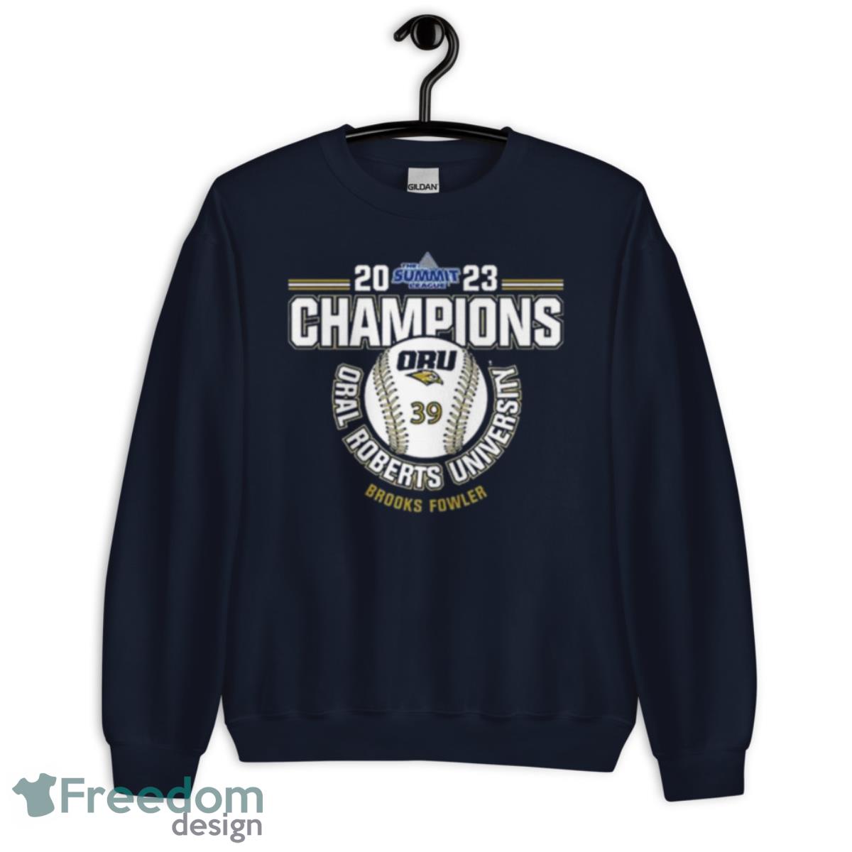 Oral Roberts University Brooks Fowler 2023 NCAA Baseball Summit League Champions Shirt - Unisex Crewneck Sweatshirt-1