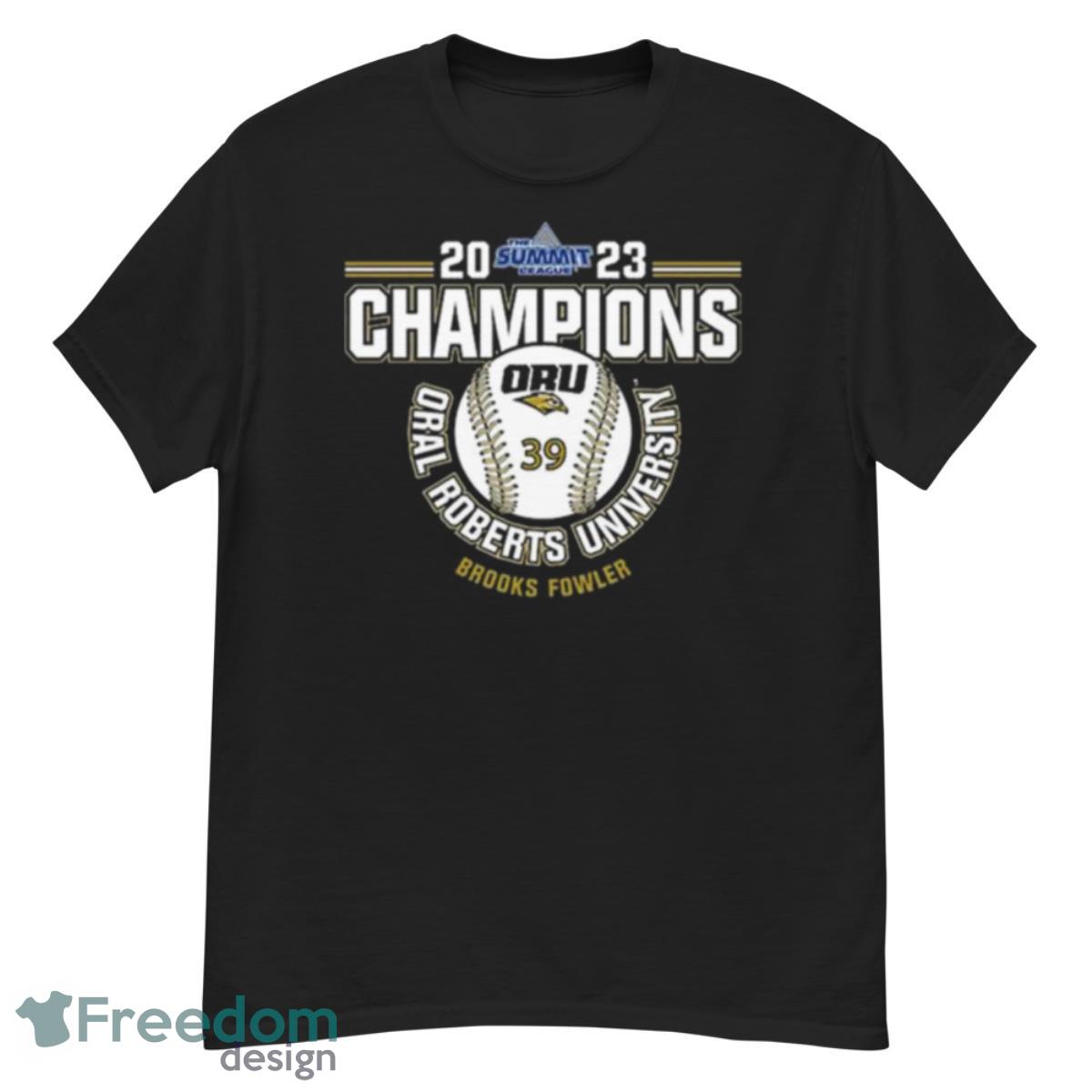 Oral Roberts University Brooks Fowler 2023 NCAA Baseball Summit League Champions Shirt - G500 Men’s Classic T-Shirt