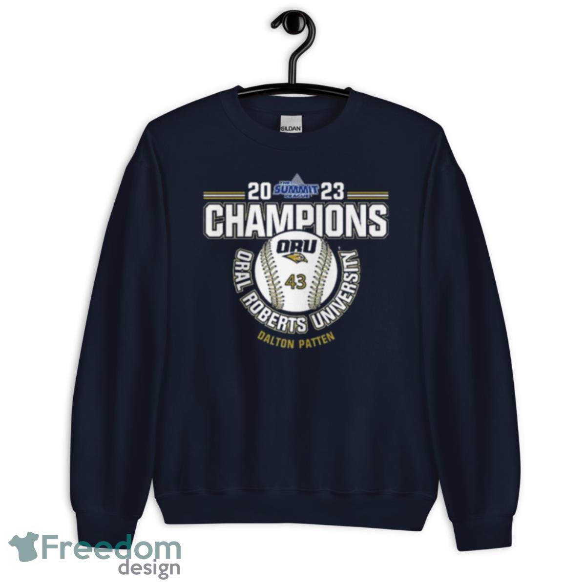 Oral Roberts University Dalton Patten 2023 NCAA Baseball Summit League Champions Shirt - Unisex Crewneck Sweatshirt-1