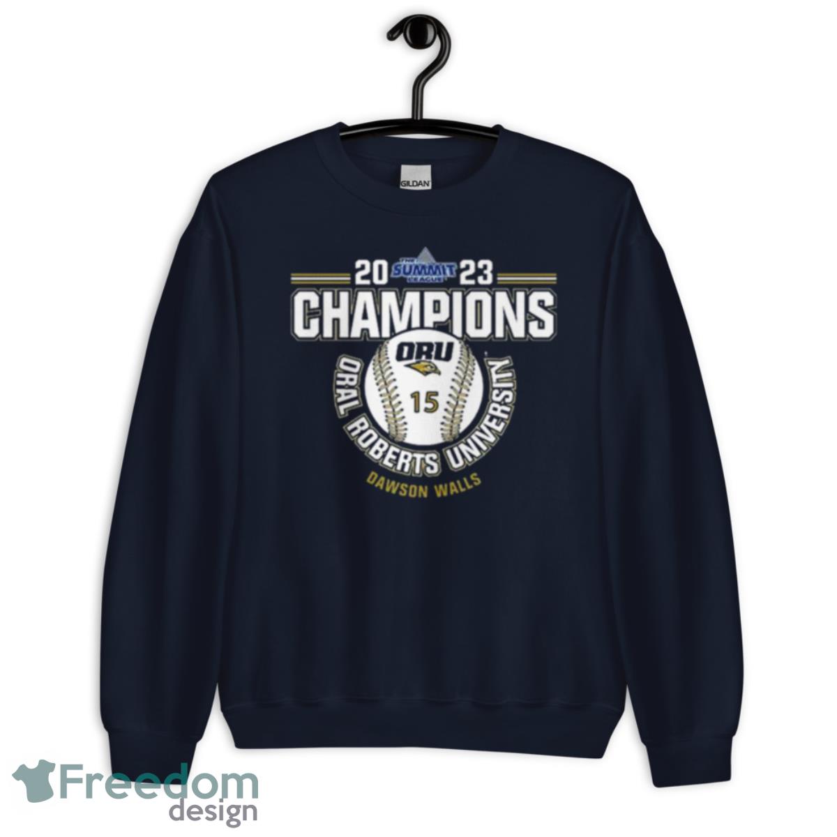 Oral Roberts University Dawson Walls 2023 NCAA Baseball Summit League Champions Shirt - Unisex Crewneck Sweatshirt-1