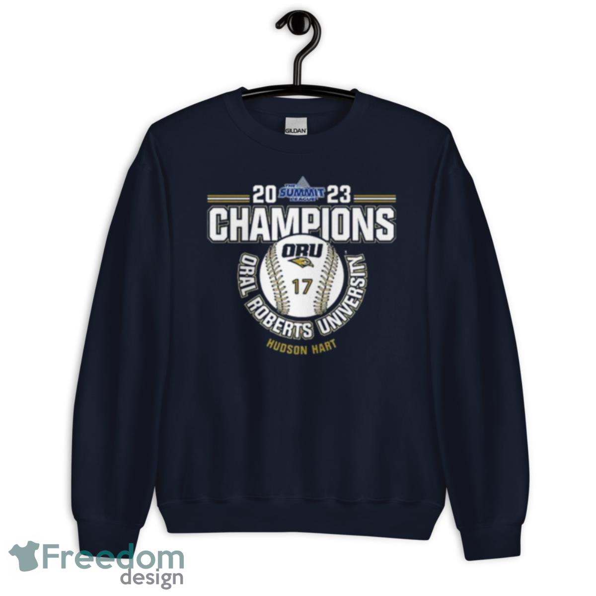 Oral Roberts University Hudson Hart 2023 NCAA Baseball Summit League Champions Shirt - Unisex Crewneck Sweatshirt-1