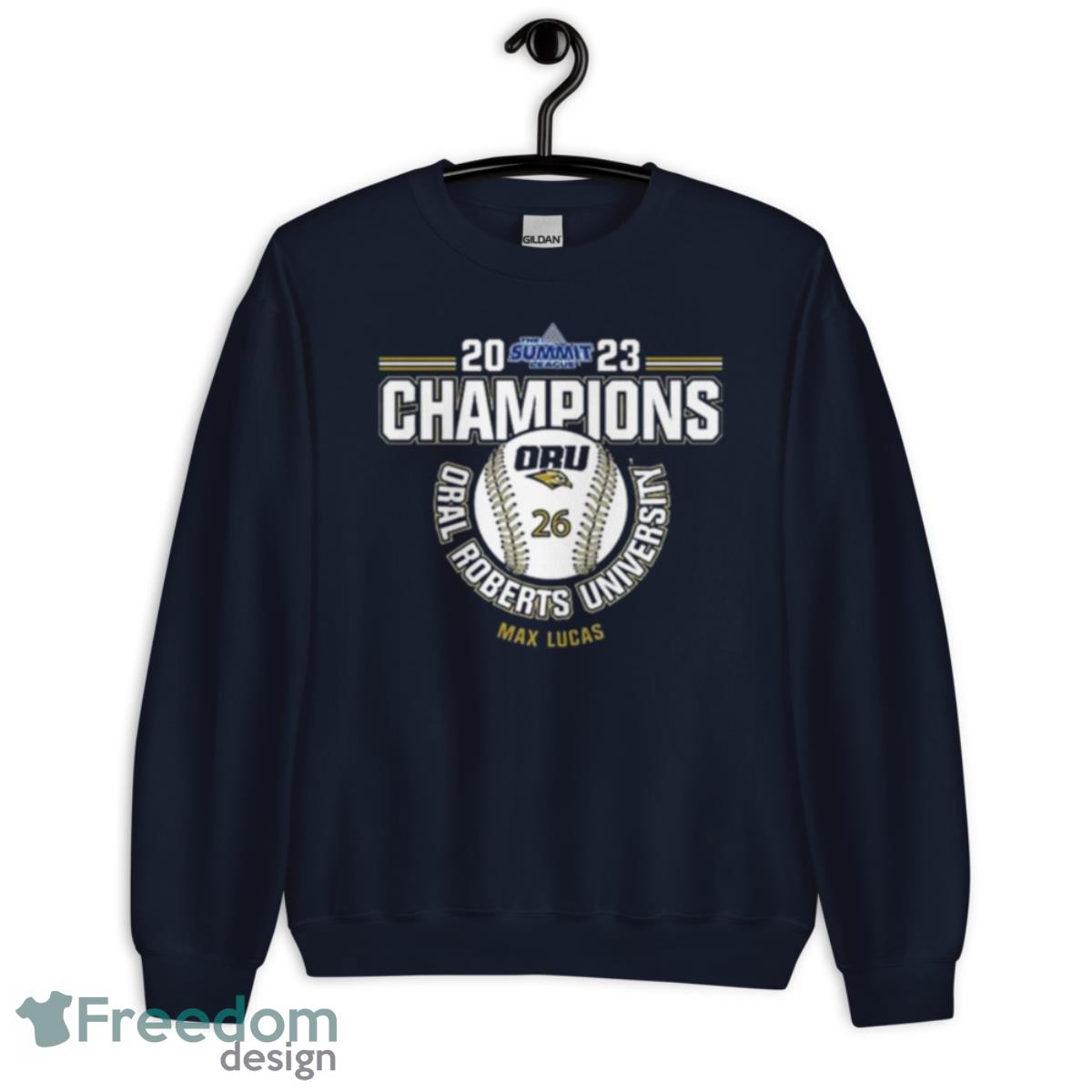 Oral Roberts University Max Lucas 2023 NCAA Baseball Summit League Champions Shirt - Unisex Crewneck Sweatshirt-1