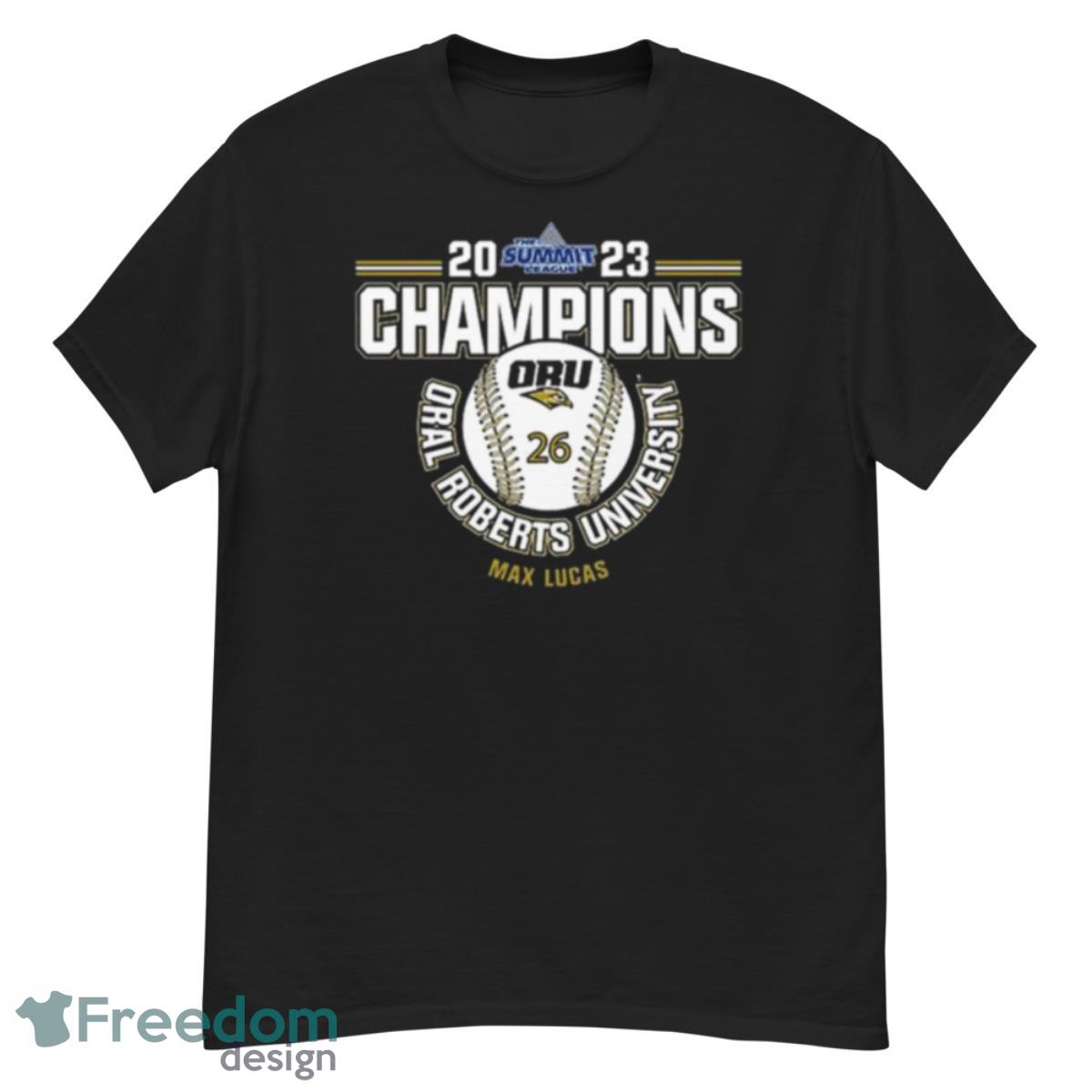 Oral Roberts University Max Lucas 2023 NCAA Baseball Summit League Champions Shirt - G500 Men’s Classic T-Shirt