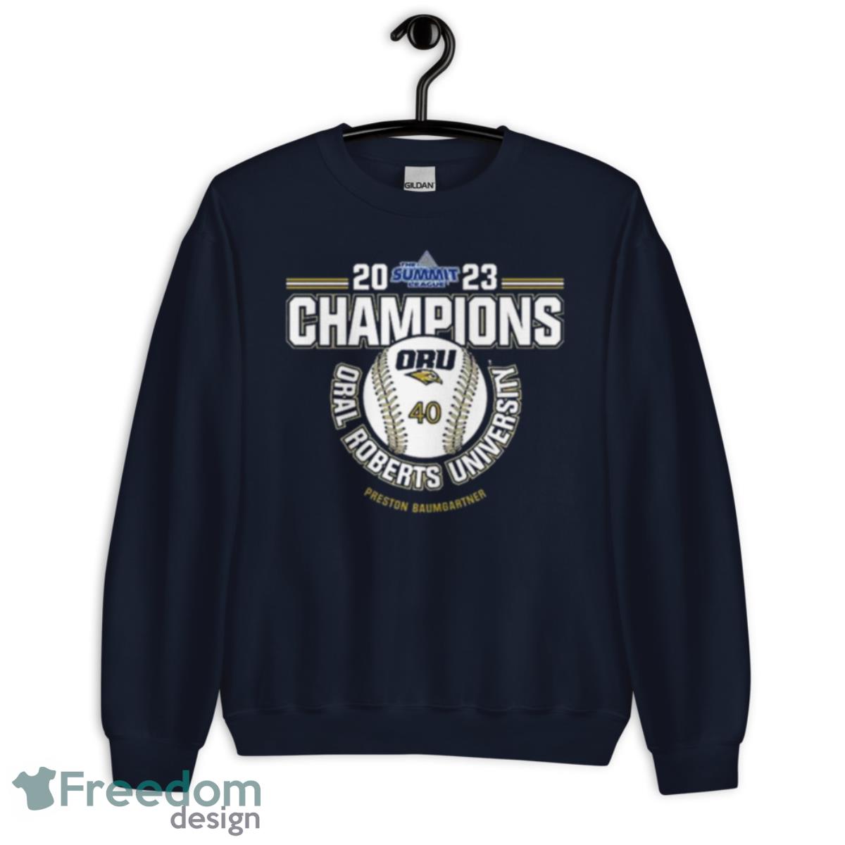 Oral Roberts University Preston Baumgartner 2023 NCAA Baseball Summit League Champions Shirt - Unisex Crewneck Sweatshirt-1