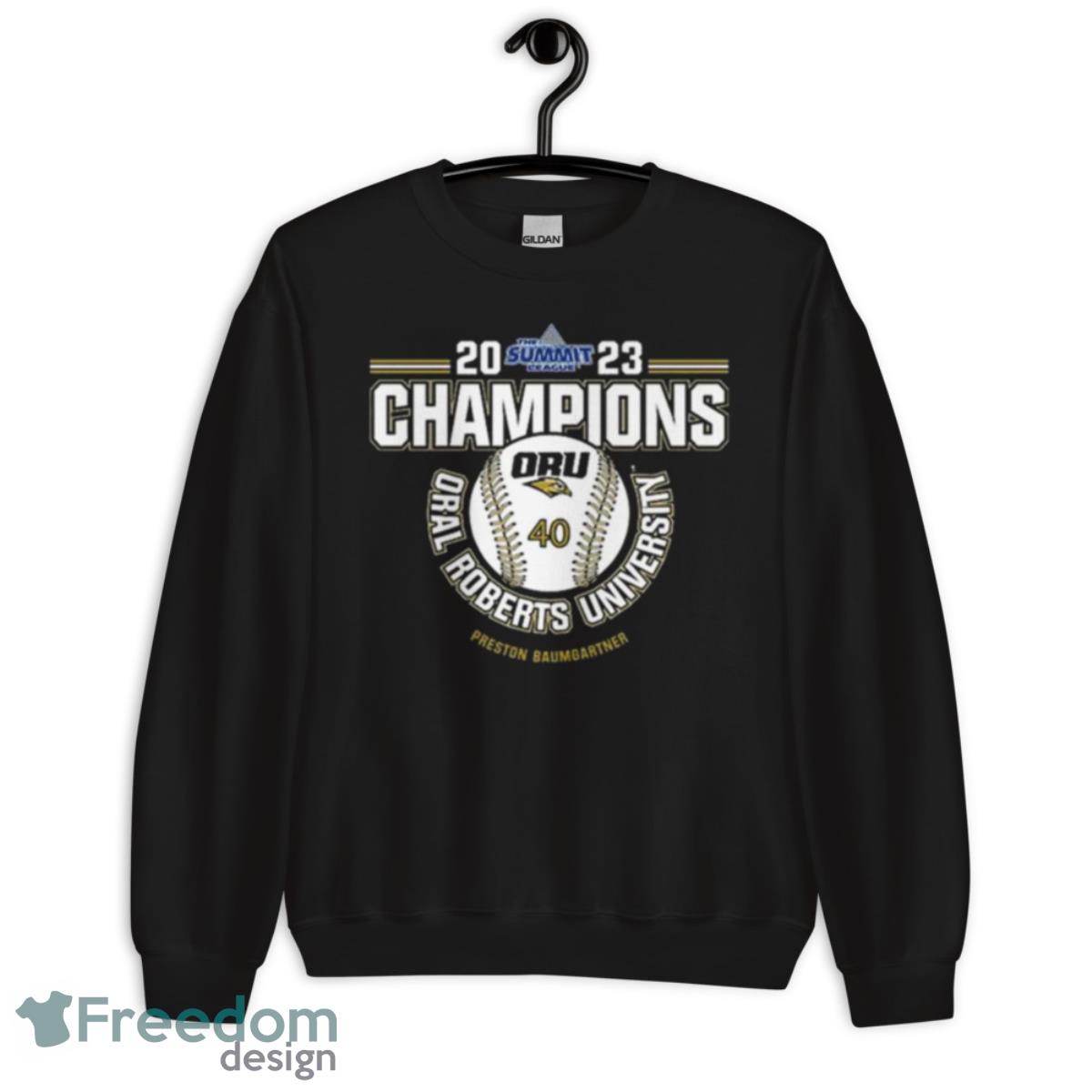 Oral Roberts University Preston Baumgartner 2023 NCAA Baseball Summit League  Champions Shirt - Freedomdesign