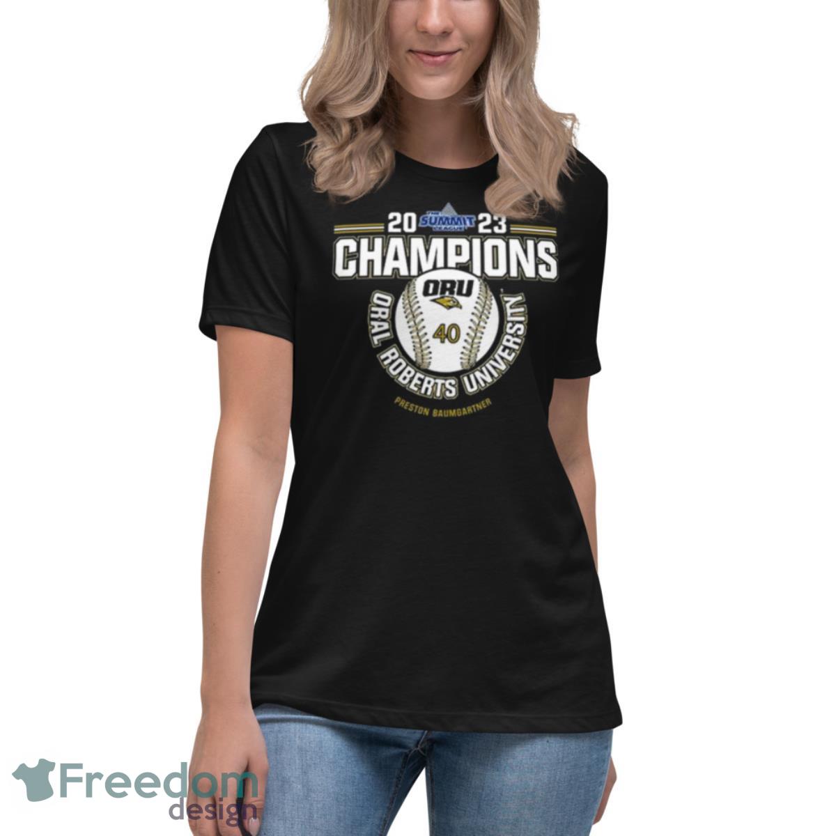Oral Roberts University Preston Baumgartner 2023 NCAA Baseball Summit League  Champions Shirt - Freedomdesign
