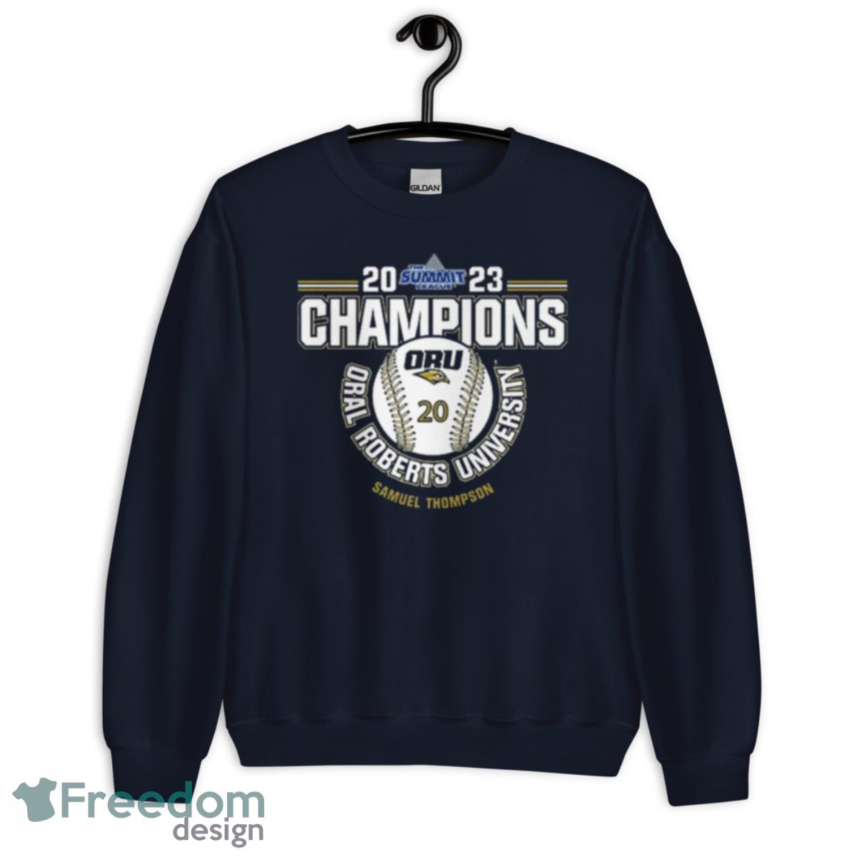 Oral Roberts University Samuel Thompson 2023 NCAA Baseball Summit League Champions Shirt - Unisex Crewneck Sweatshirt-1