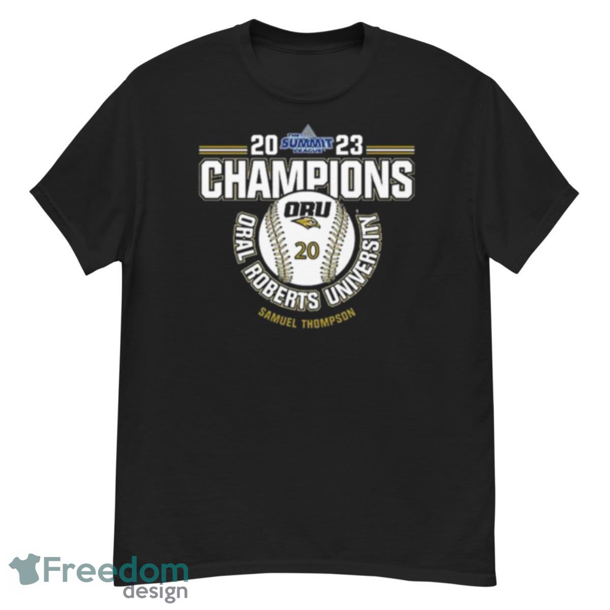 Oral Roberts University Samuel Thompson 2023 NCAA Baseball Summit League Champions Shirt - G500 Men’s Classic T-Shirt