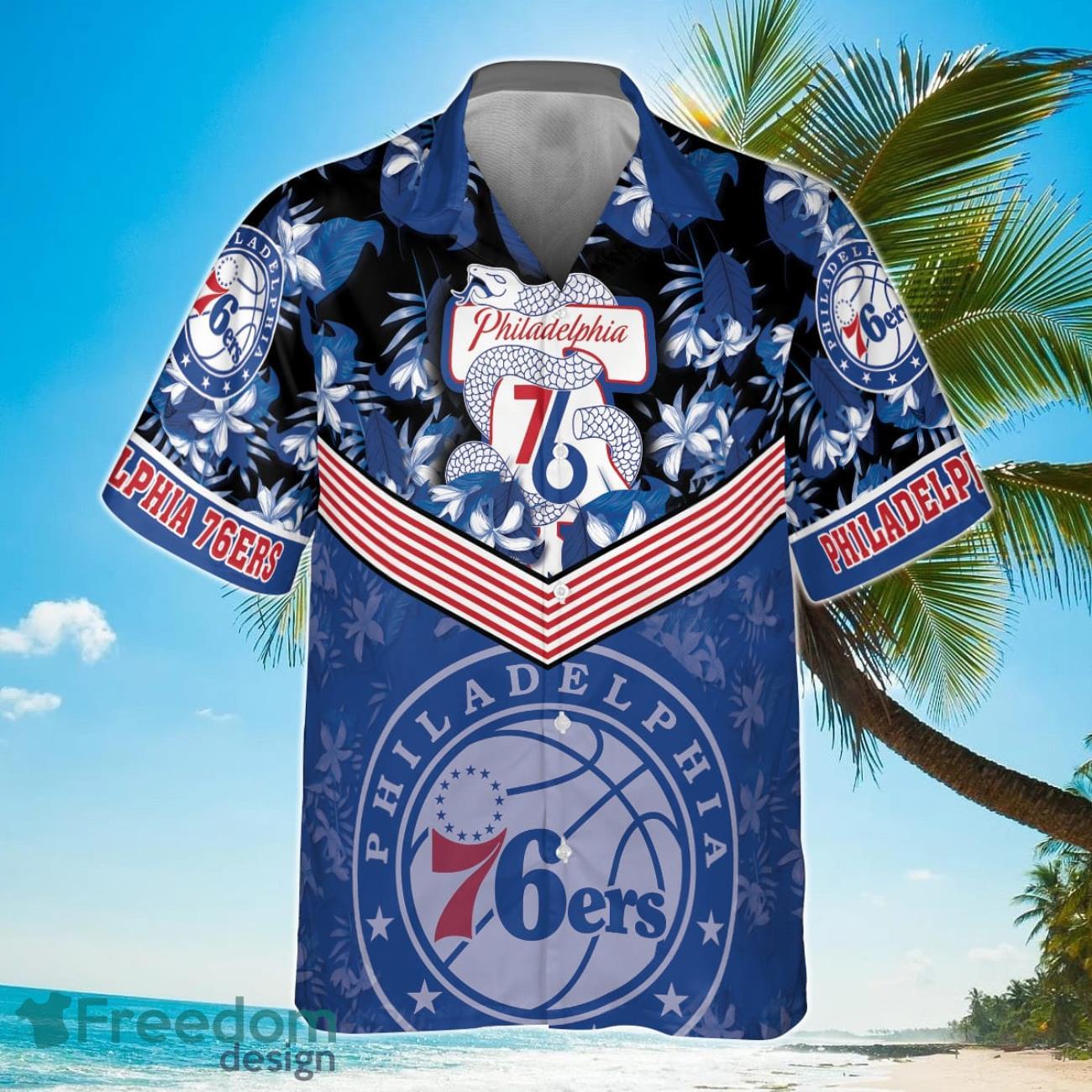 Philadelphia 76ers Blue Hibiscus Flower Black Background Print Hawaiian Shirt Product Photo 2