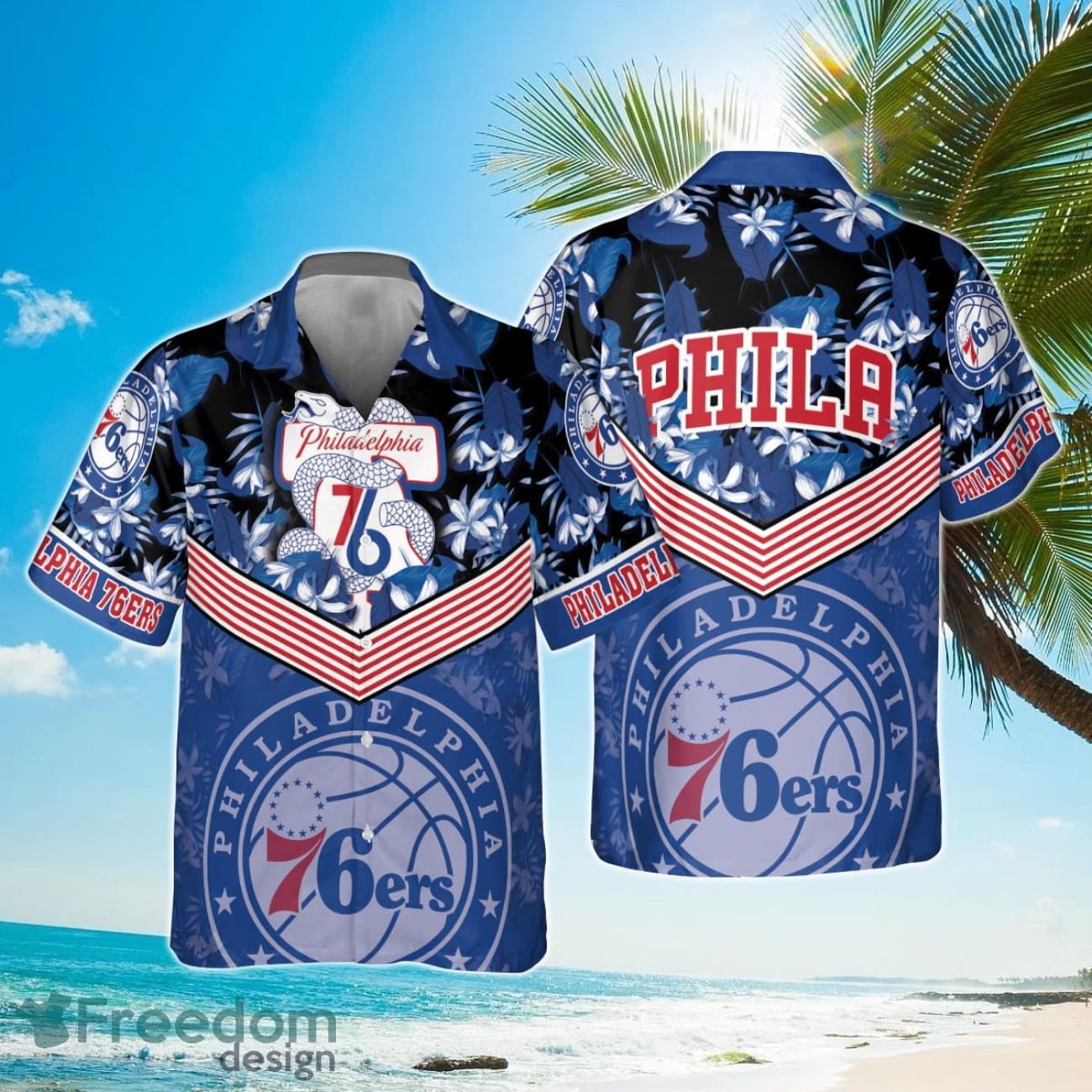 Philadelphia 76ers Blue Hibiscus Flower Black Background Print Hawaiian Shirt Product Photo 1