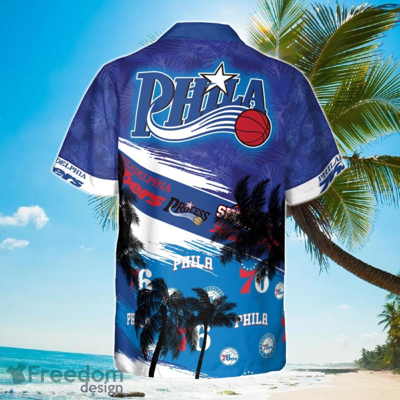 Philadelphia 76ers Blue Hibiscus Flower Black Background Print Aloha  Hawaiian Shirt - Freedomdesign