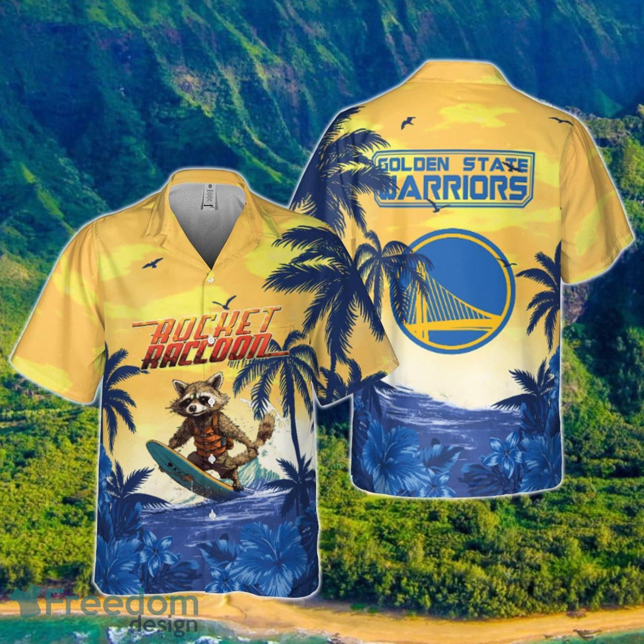 Rocket Raccoon And Golden State Warriors Summer Pattern Print Hawaiian Shirt Product Photo 1