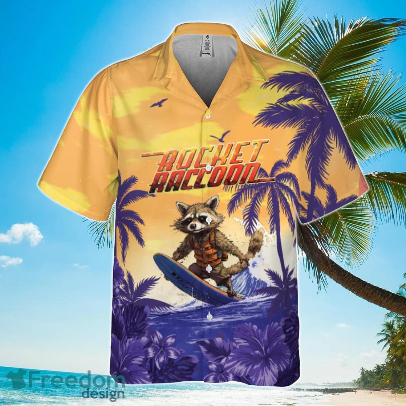 Rocket Raccoon And Los Angeles Lakers Summer Pattern Print Hawaiian Shirt Product Photo 2