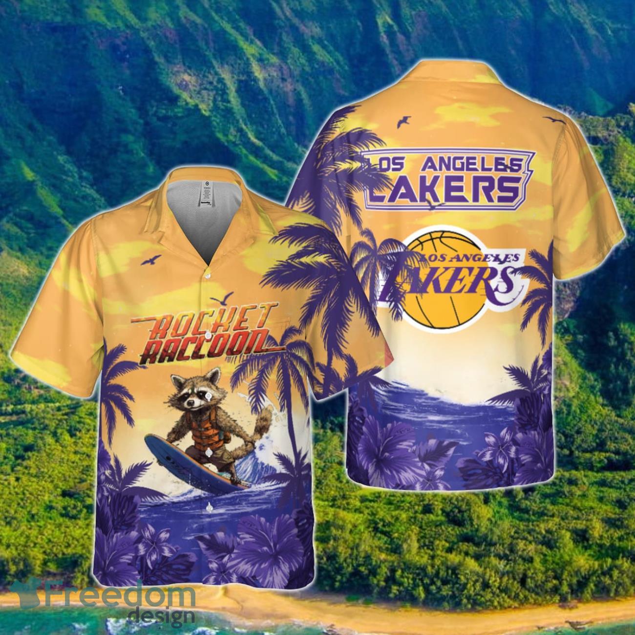 Rocket Raccoon And Los Angeles Lakers Summer Pattern Print Hawaiian Shirt Product Photo 1