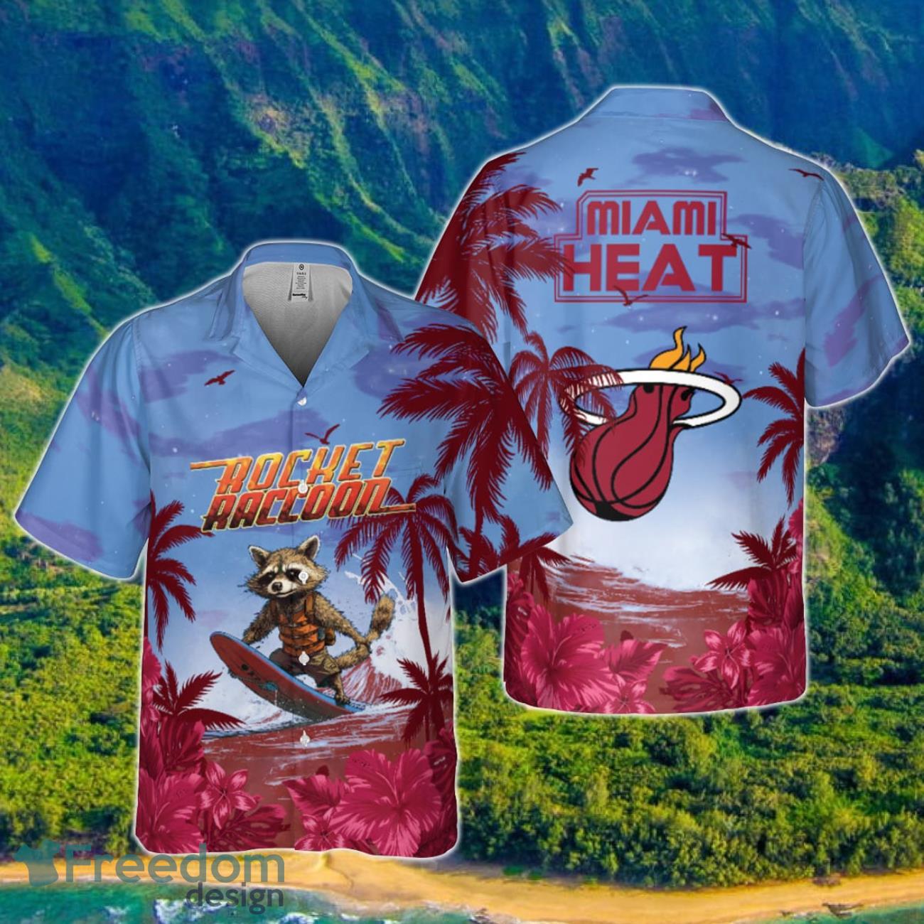 Rocket Raccoon And Miami Heat Summer Pattern Print Hawaiian Shirt Product Photo 1