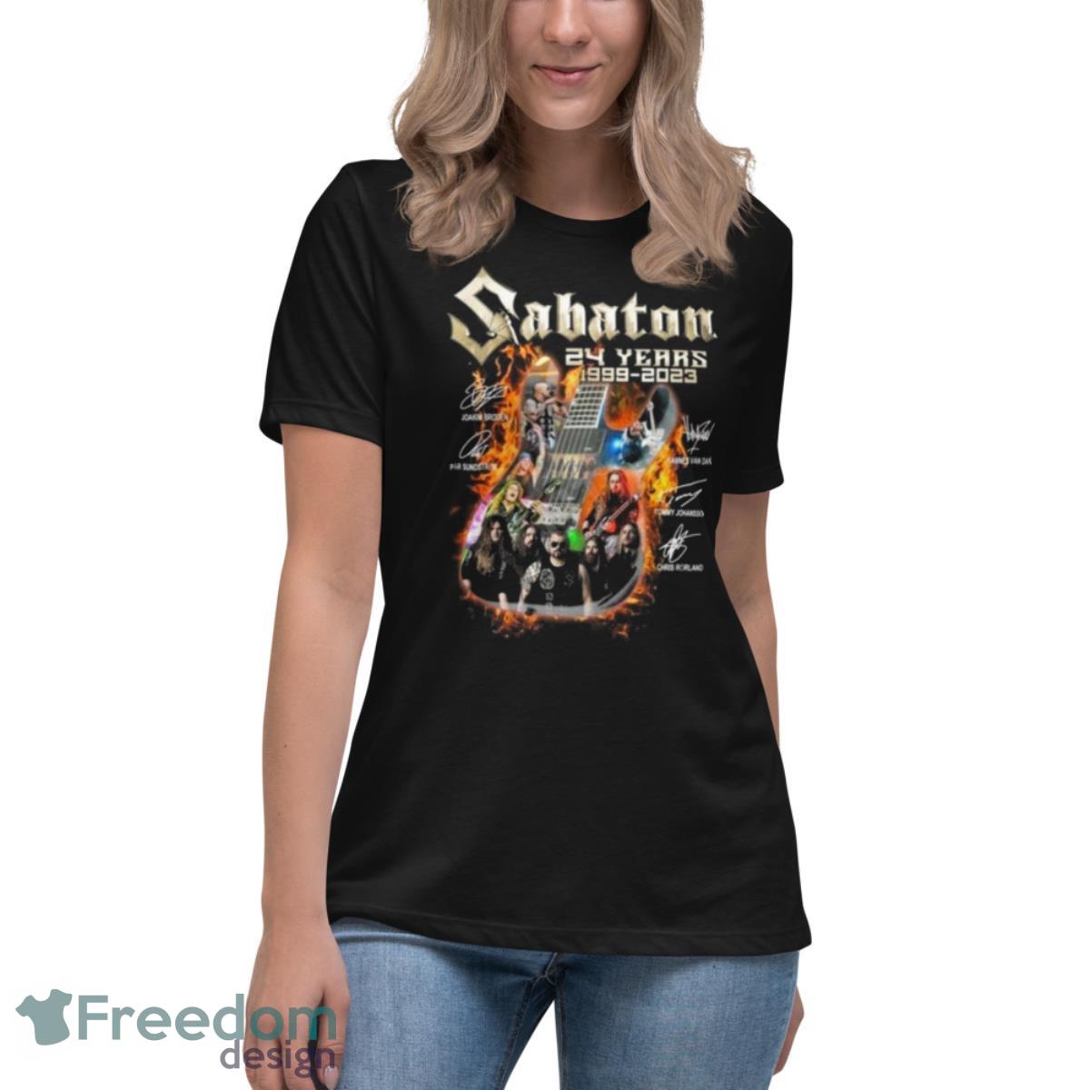 Sabaton 24 Years 1999 2023 Guitar Fire Signatures Shirt - Womens Relaxed Short Sleeve Jersey Tee Sabaton 24 Years 1999 2023 Guitar Fire Signatures Shirt - Womens Relaxed Short Sleeve Jersey Tee