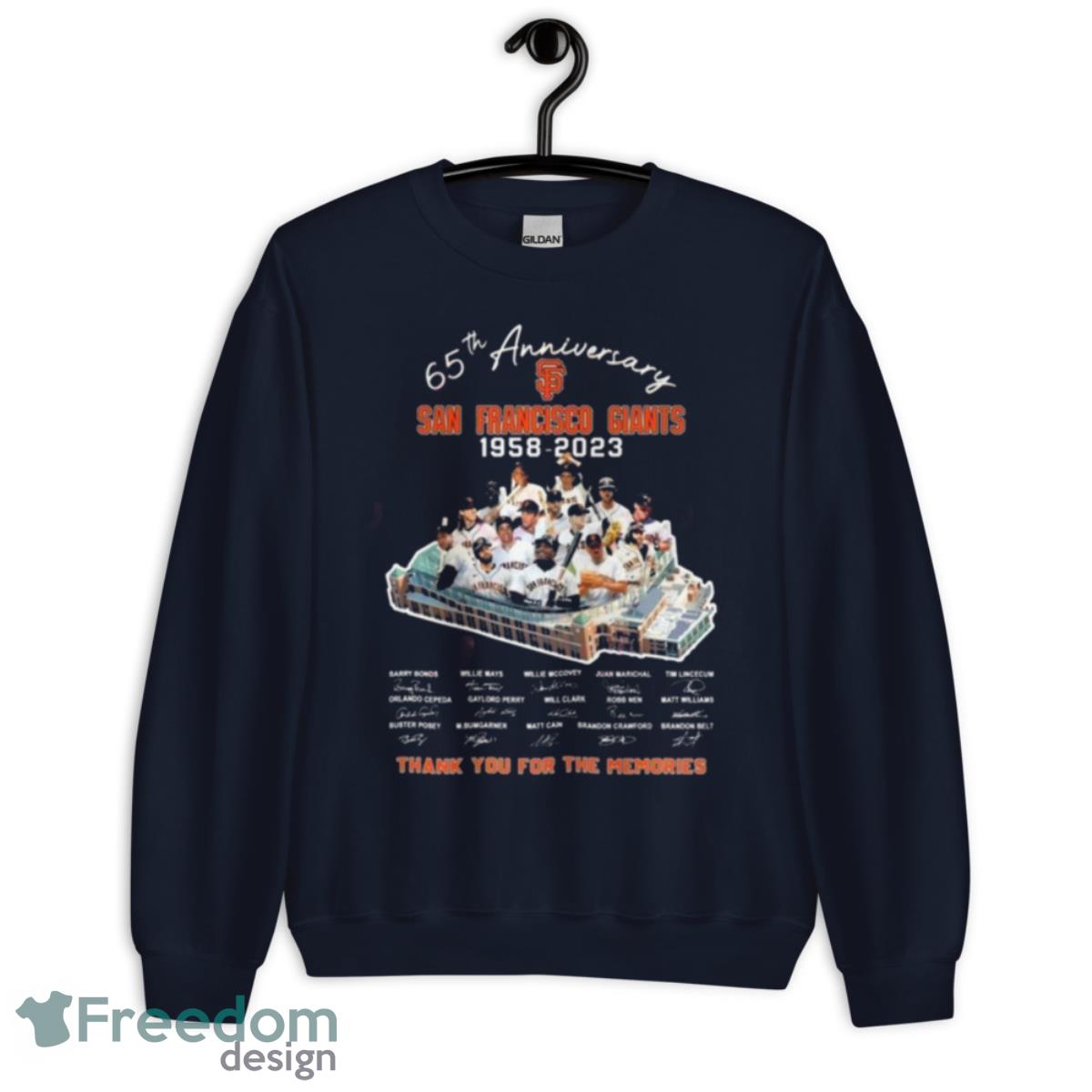 San Francisco Giants 65th Anniversary 1958 – 2023 Thank You For The Memories T Shirt - Unisex Crewneck Sweatshirt-1