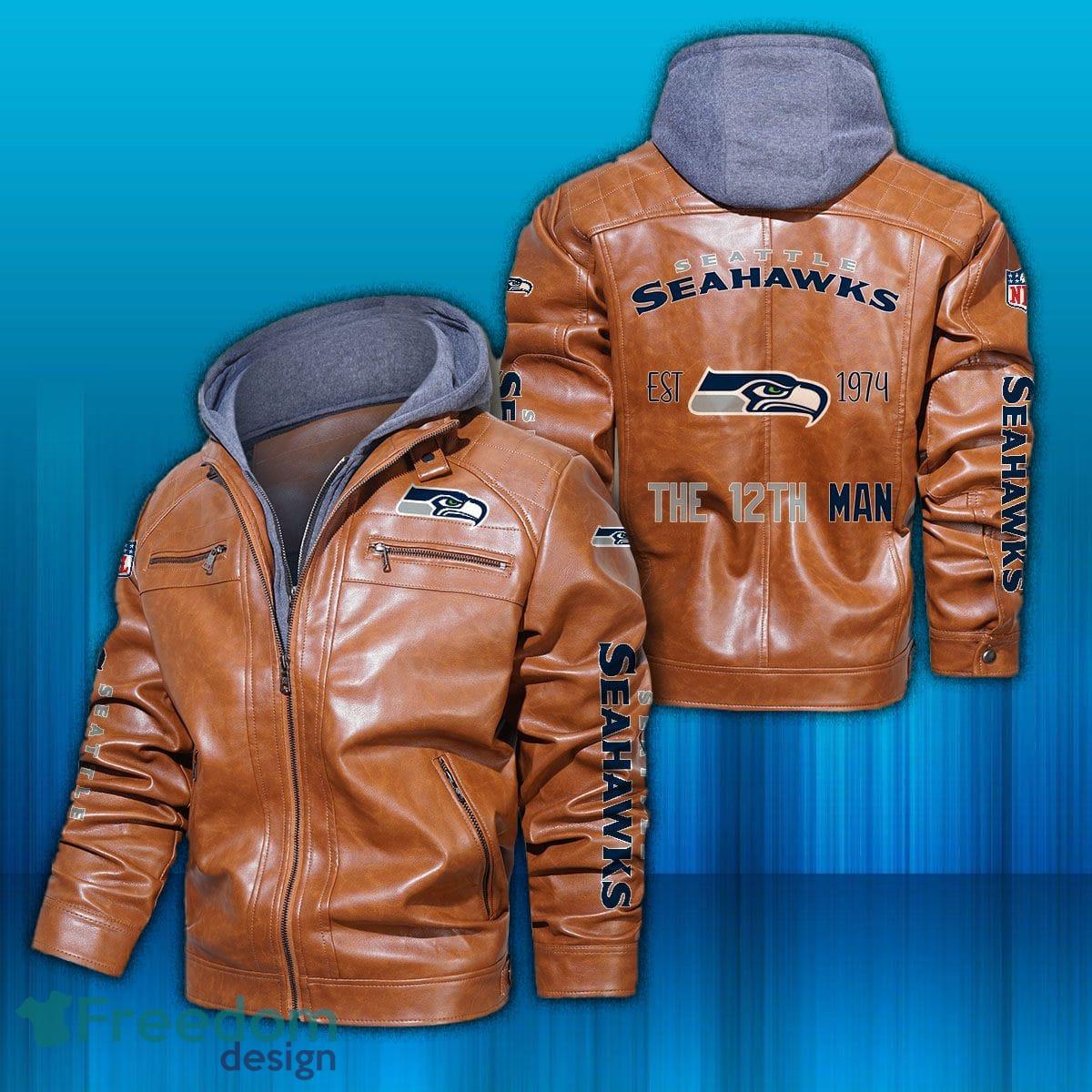 NFL Seattle Seahawks Logo 3 Black Brown Leather Jacket For Fans