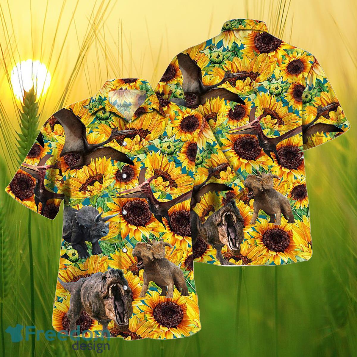 Sunflower Dinosaur All Printed 3D Hawaiian Shirt For Men Women Product Photo 1