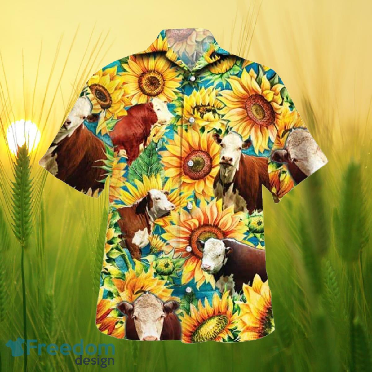 Sunflower Hereford Cattle All Printed 3D Hawaiian Shirt For Men Women Product Photo 1