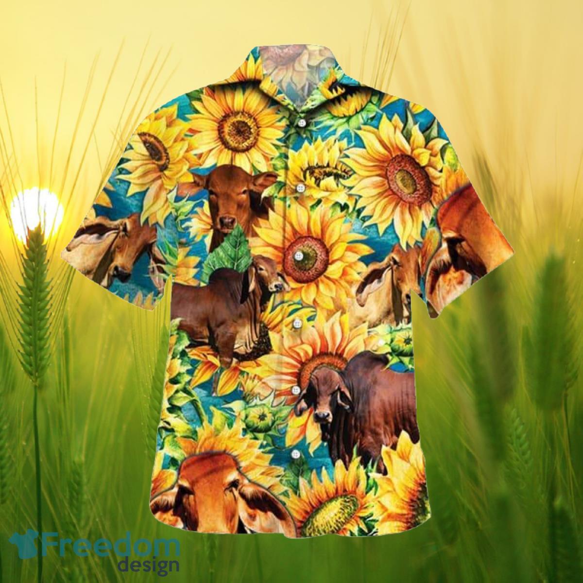 Sunflower Red Brahman Cattle All Printed 3D Hawaiian Shirt For Men Women Product Photo 1