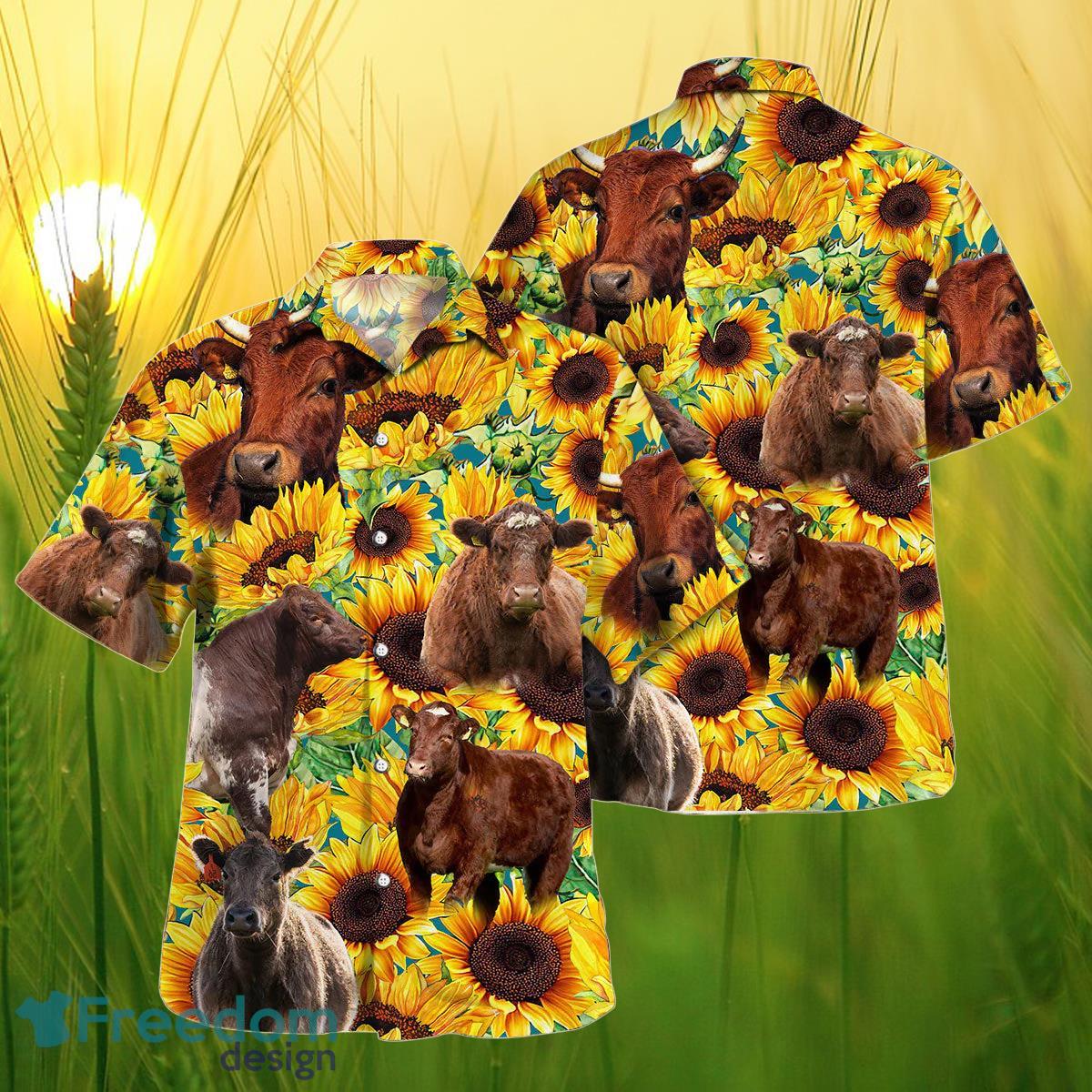 Sunflower Shorthorn Cattle All Printed 3D Hawaiian Shirt For Men Women Product Photo 1