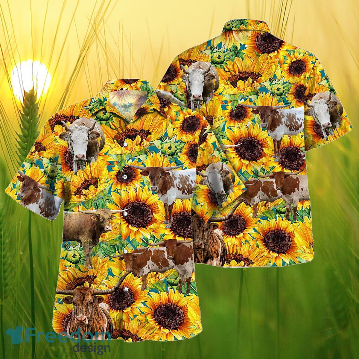 Sunflower TX Longhorn Cattle All Printed 3D Hawaiian Shirt For Men Women Product Photo 1