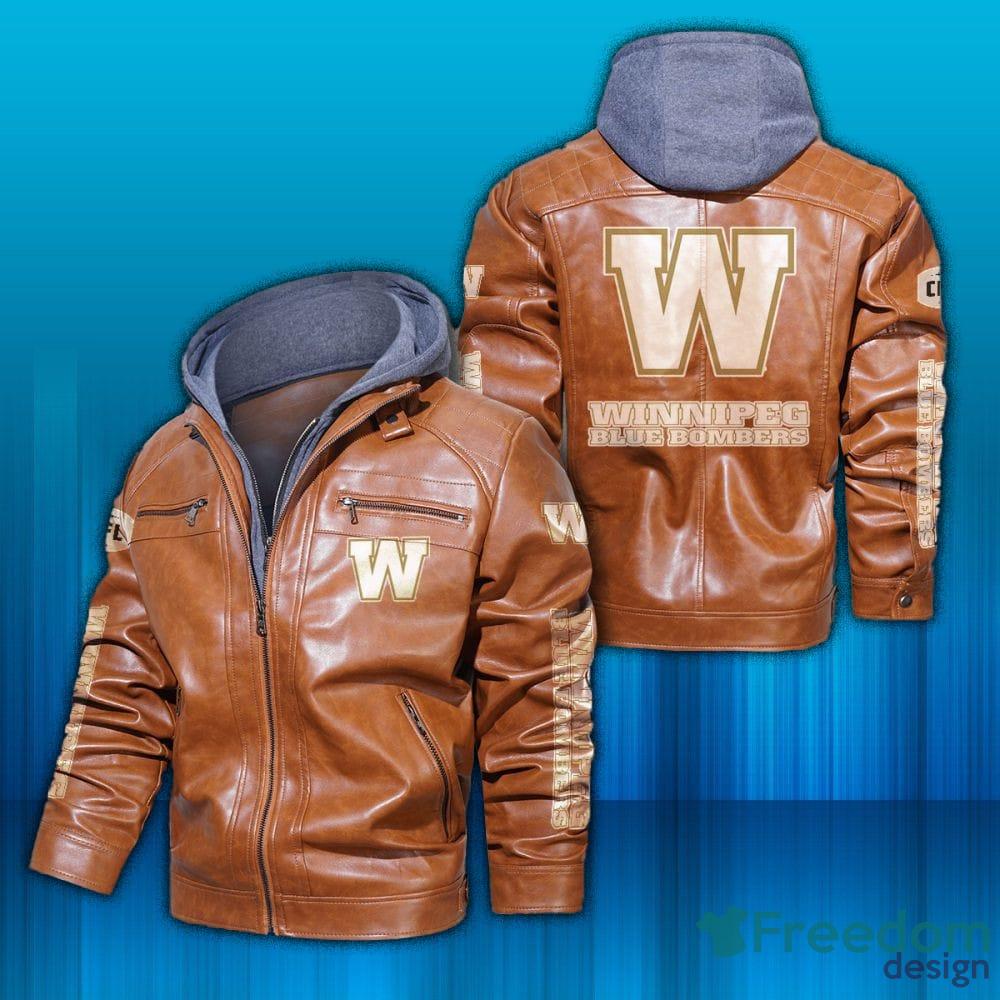 Winnipeg Blue Bombers Logo CFL Design 1 Brown Black Leather Jacket - Winnipeg Blue Bombers Logo CFL Leather Jacket_3