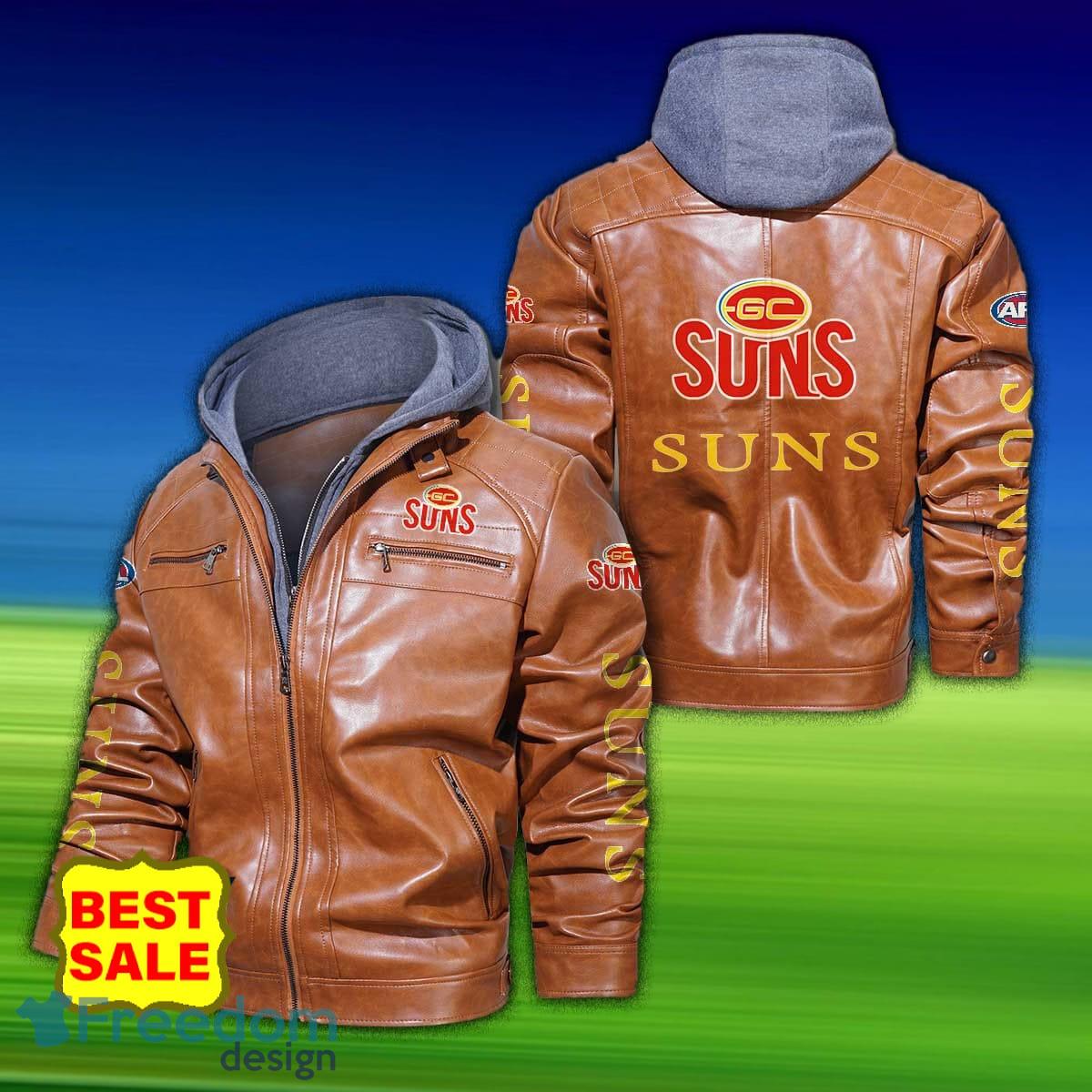 Afl Gold Coast Suns 2D Leather Jacket Hat Gift For Men And Women - Gold Coast Suns Afl 2D Leather Jacket _3