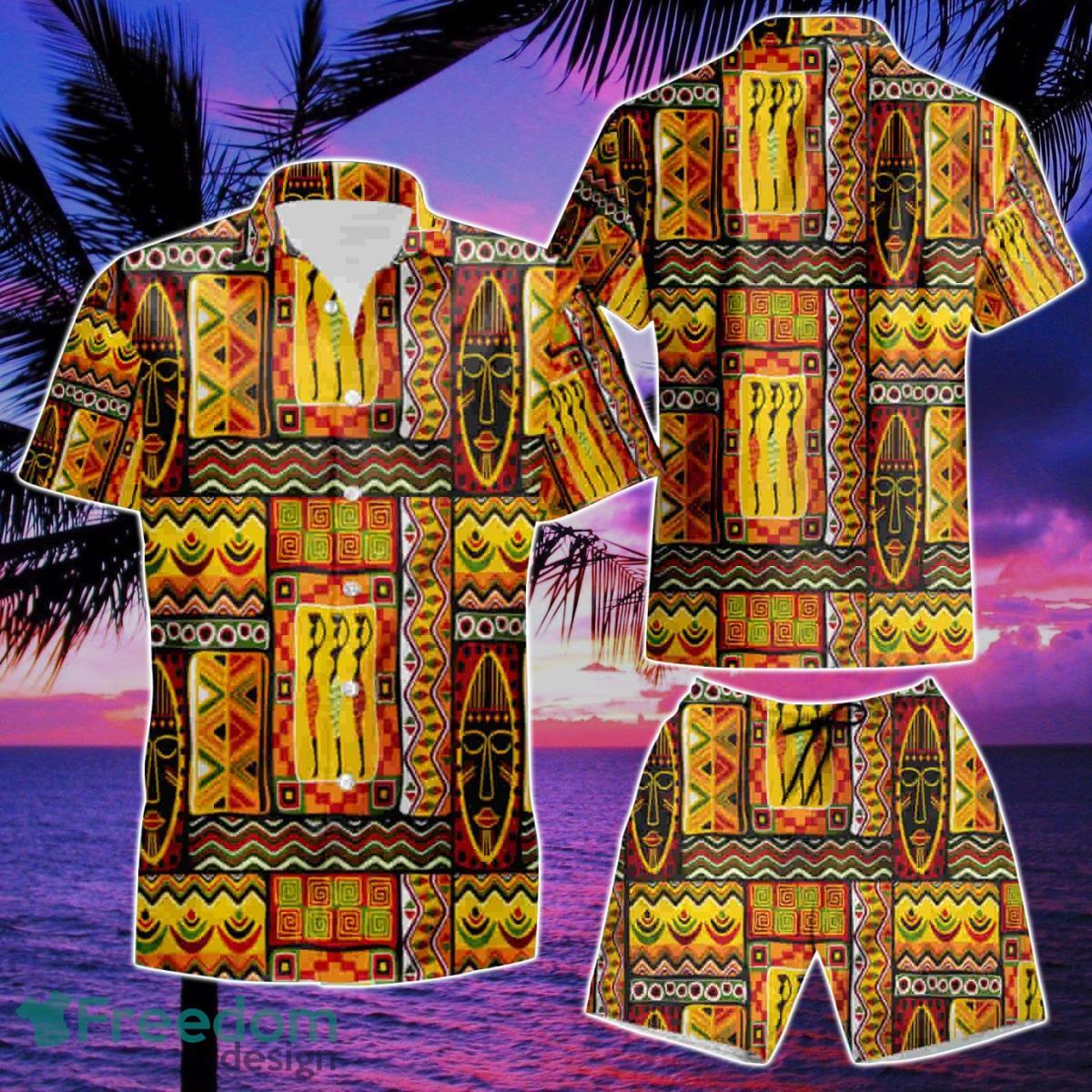 African Tribal Face Pattern Tropical Summer Beach Hawaiian Shirt And Short Product Photo 2