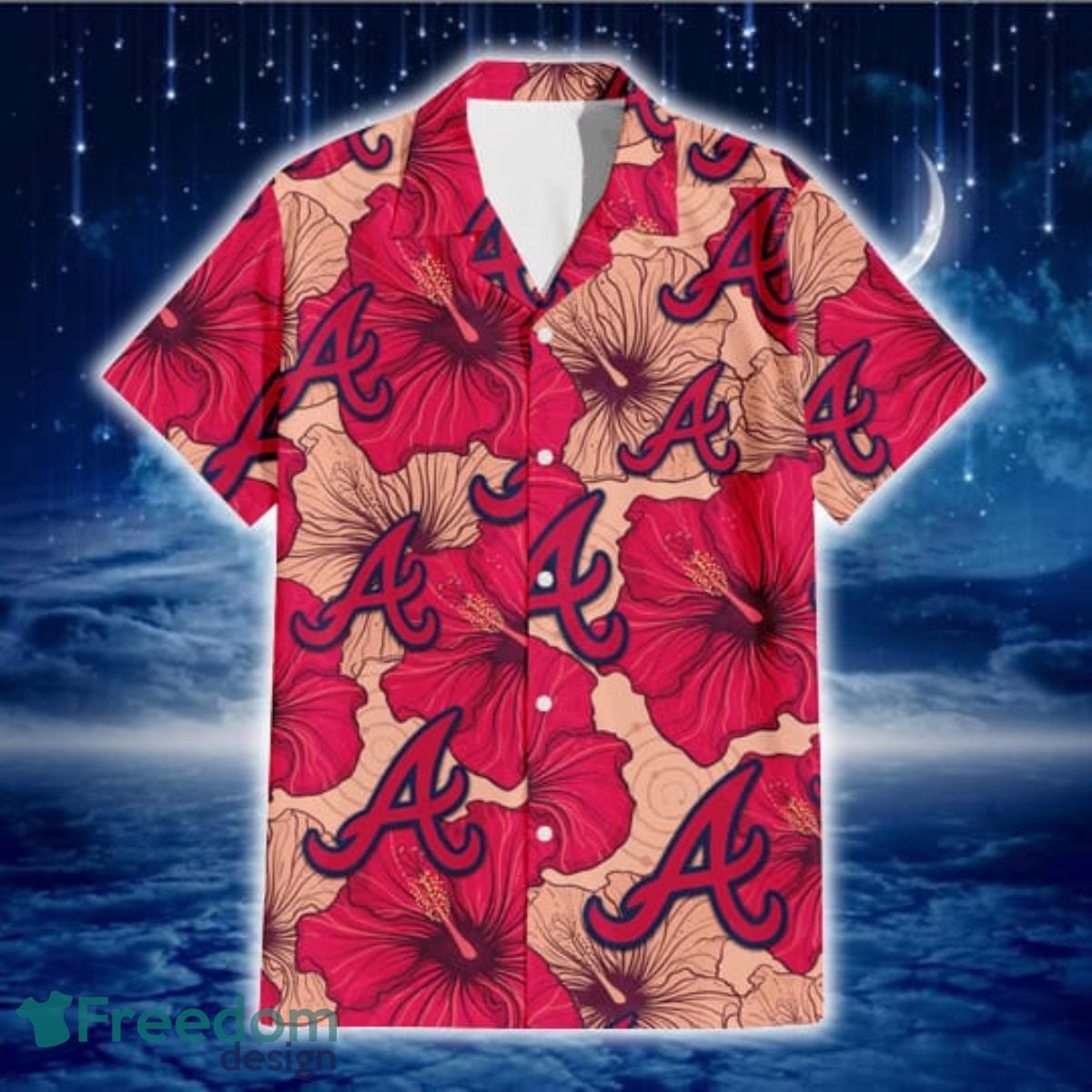 Atlanta Braves Red Beige Hibiscus Beige Background 3D Hawaiian