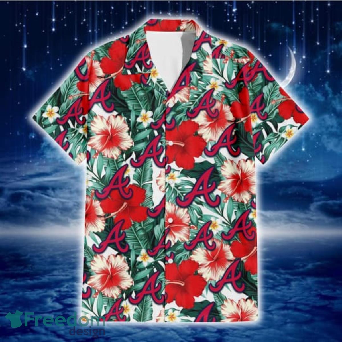 Atlanta Braves Red Coral Hibiscus White Porcelain Flower Banana Leaf 3D Hawaiian Shirt Gift For Fans Product Photo 2