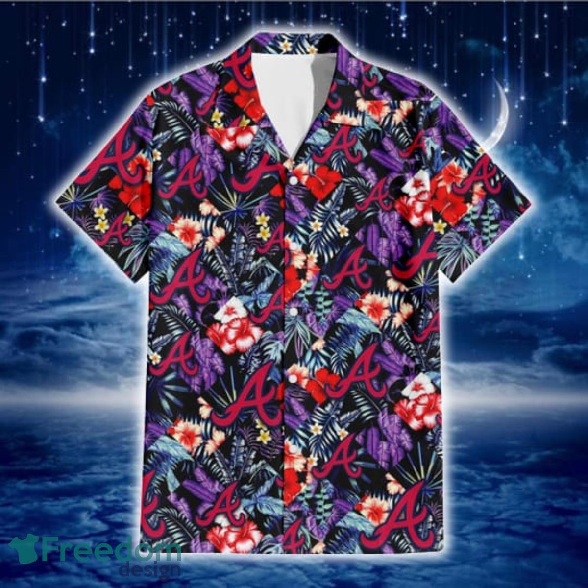 Atlanta Braves Red Hibiscus Caro Black Background 3D Hawaiian Shirt Gift For Fans Product Photo 2