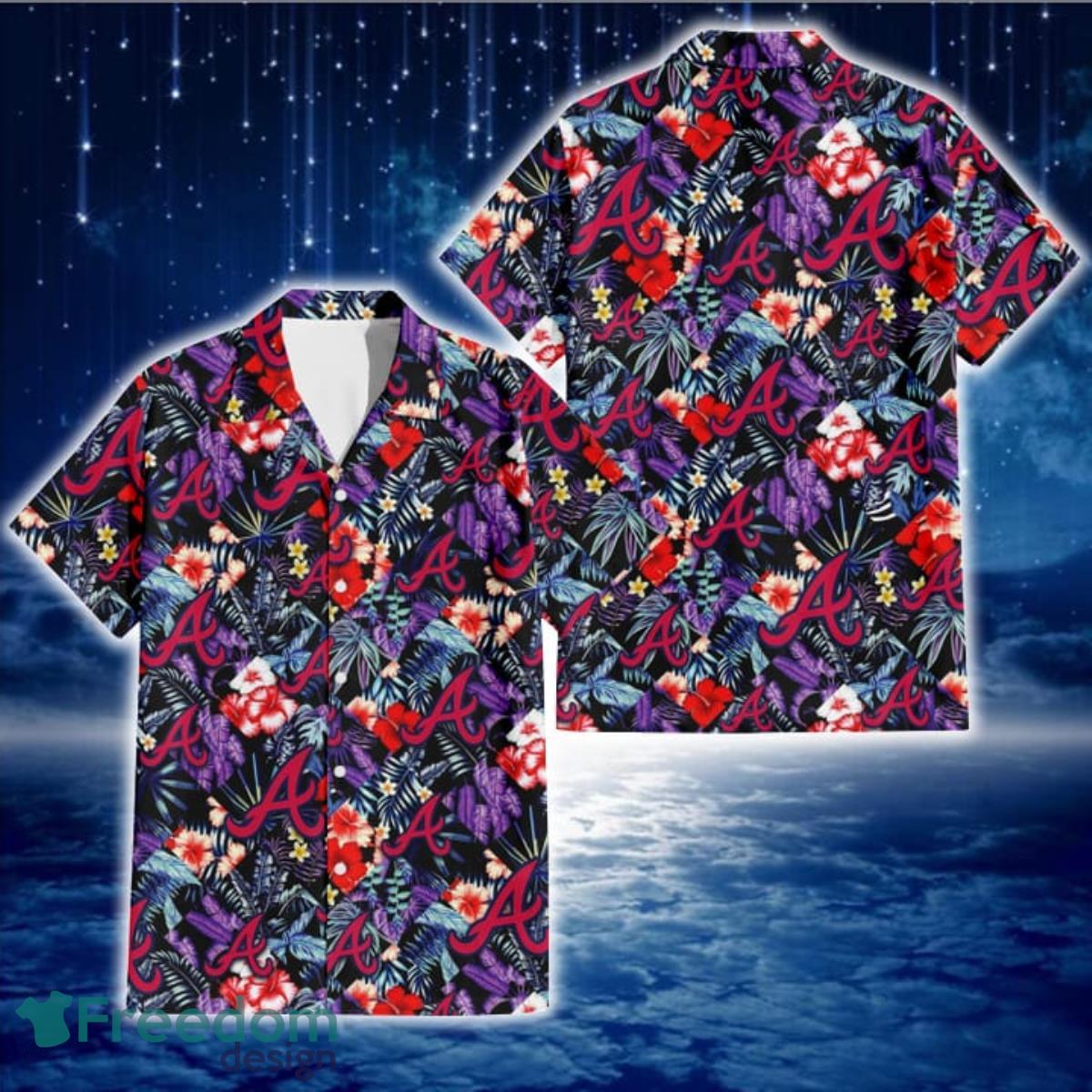 Atlanta Braves Red Hibiscus Caro Black Background 3D Hawaiian Shirt Gift For Fans Product Photo 1