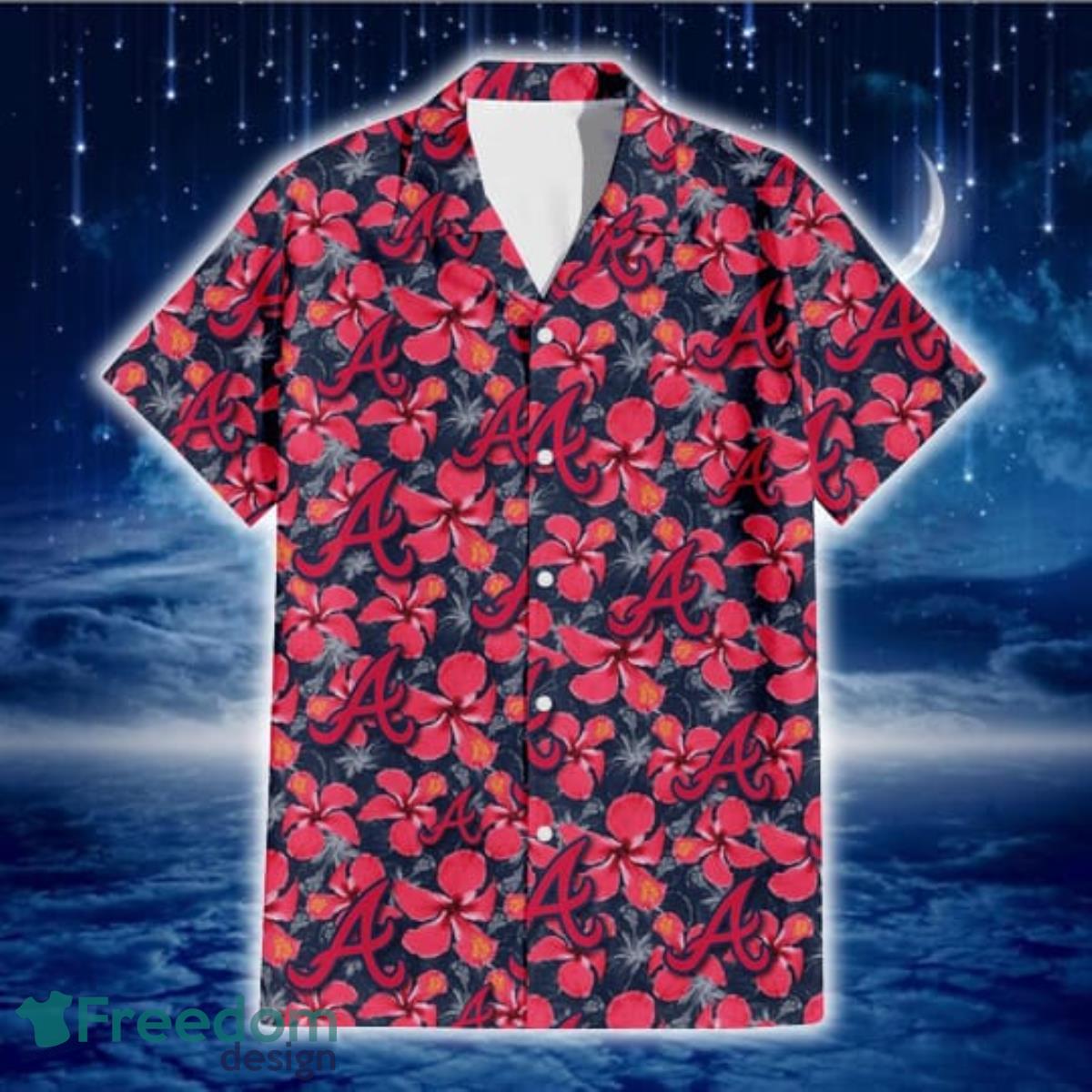 Atlanta Braves Red Hibiscus Dark Gray Background 3D Hawaiian Shirt Gift For Fans Product Photo 2