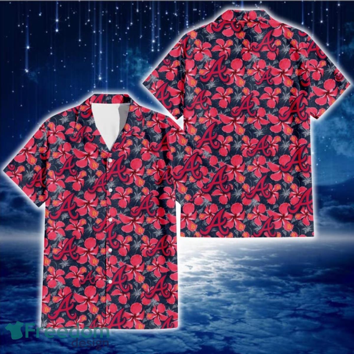 Atlanta Braves Red Hibiscus Dark Gray Background 3D Hawaiian Shirt Gift For Fans Product Photo 1