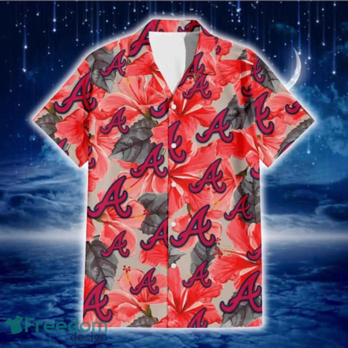 Atlanta Braves Red Hibiscus Gray Leaf Beige Background 3D Hawaiian Shirt Gift For Fans Product Photo 2