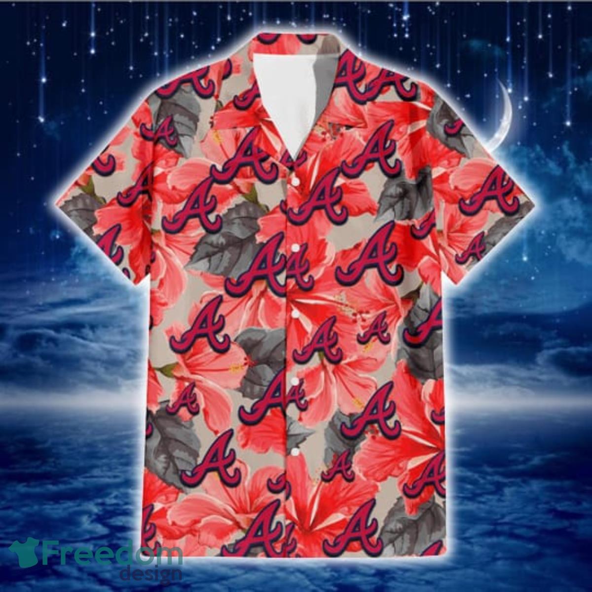 Atlanta Braves Red Hibiscus Gray Leaf Gainsboro Background 3D Hawaiian Shirt Gift For Fans Product Photo 2