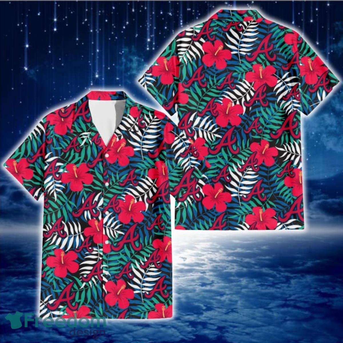 Atlanta Braves Red Hibiscus Green Blue White Leaf Black Background 3D  Hawaiian Shirt Gift For Fans - Freedomdesign
