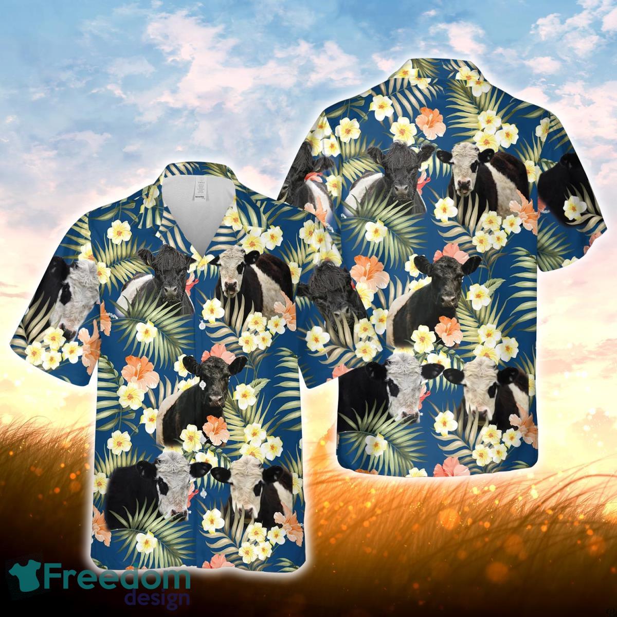 Belted Galloway Summer Blue Floral 3D Hawaiian Shirt For Men Women Product Photo 1