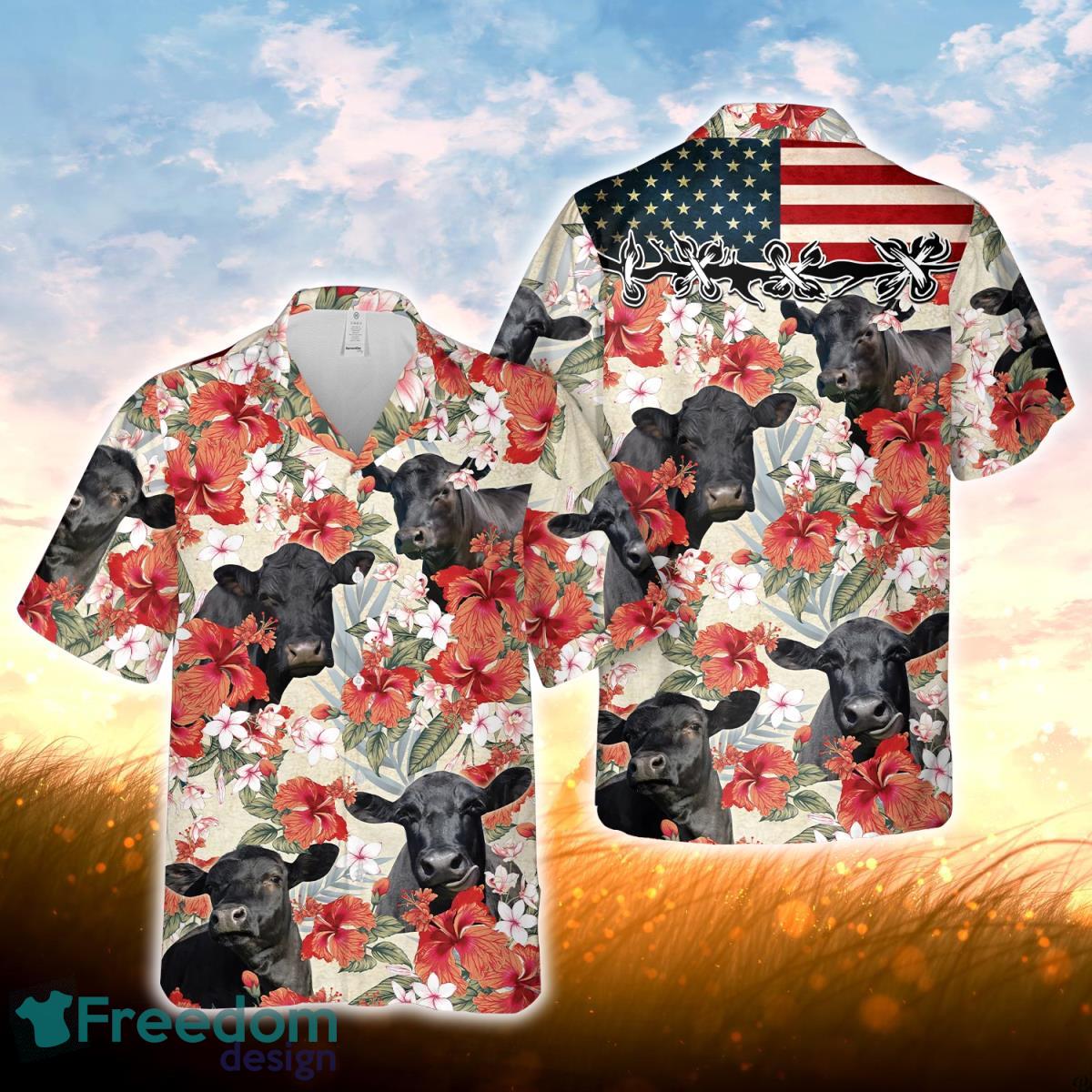 Black Angus Hibicus Floral US Flag 3D Hawaiian Shirt For Men Women Product Photo 1