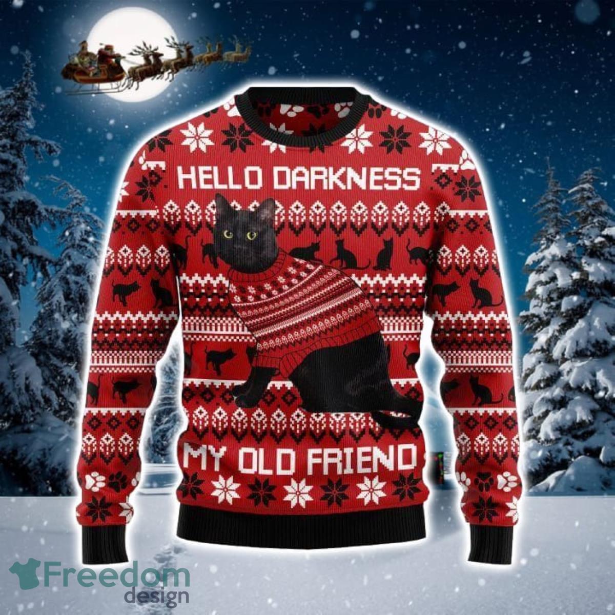 Black Cat Hello Darkness My Old Friend 3D Sweater Ugly Christmas Sweater For Men Women Product Photo 1