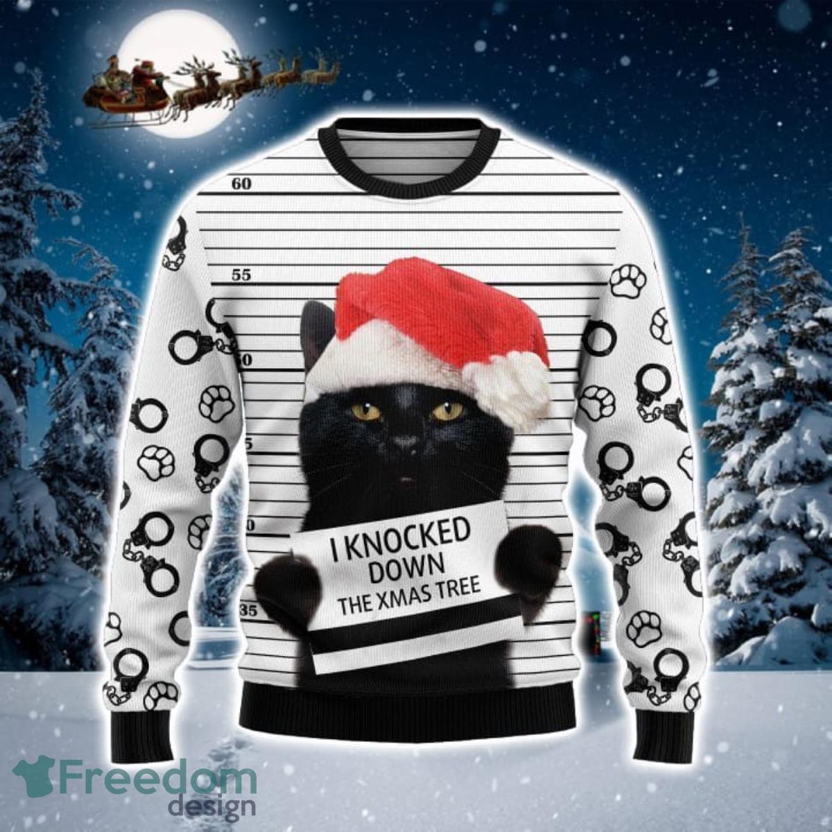 Black Cat Knocked Down 3D Sweater Ugly Christmas Sweater For Men Women Product Photo 1