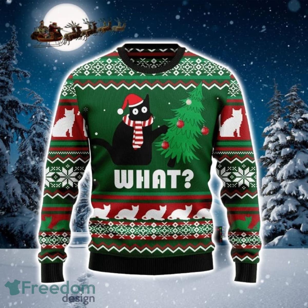 Black Cat What 3D Sweater Ugly Christmas Sweater For Men Women Product Photo 1